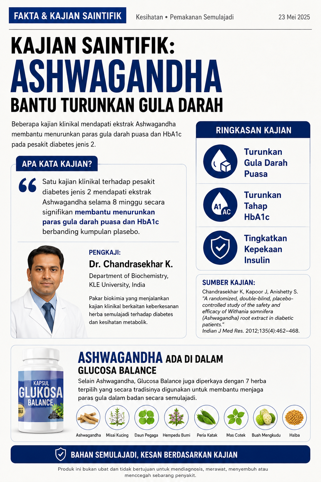 Fakta dan kajian pakar mengenai Ashwagandha dalam Glucosa Balance Kak Jah