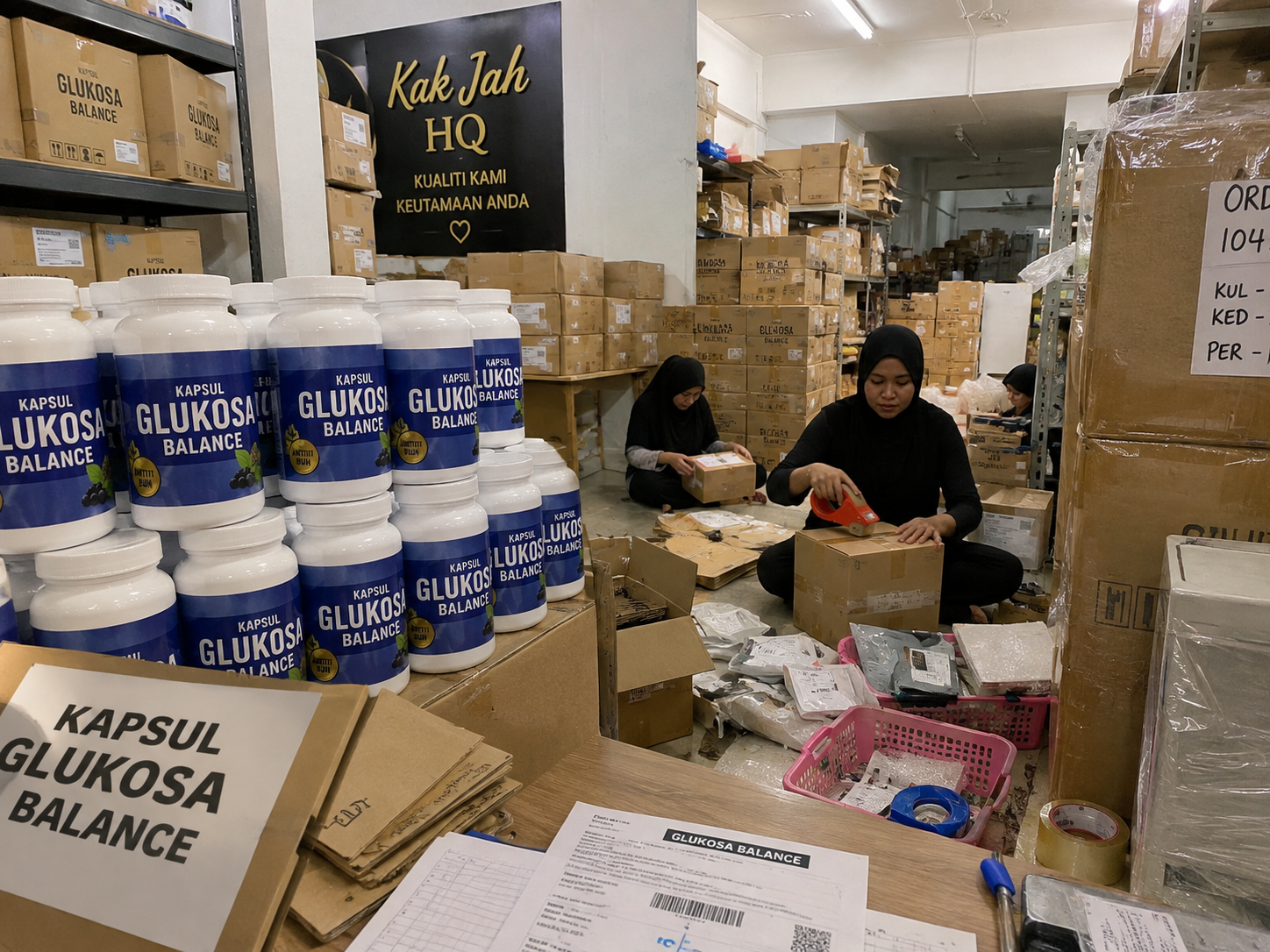 HQ Kak Jah, stok Glucosa Balance dan proses packing parcel